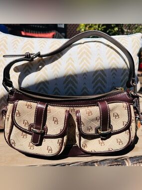 Dooney & Bourke Beige and Brown Logo Dual-Pocket Shoulder Bag